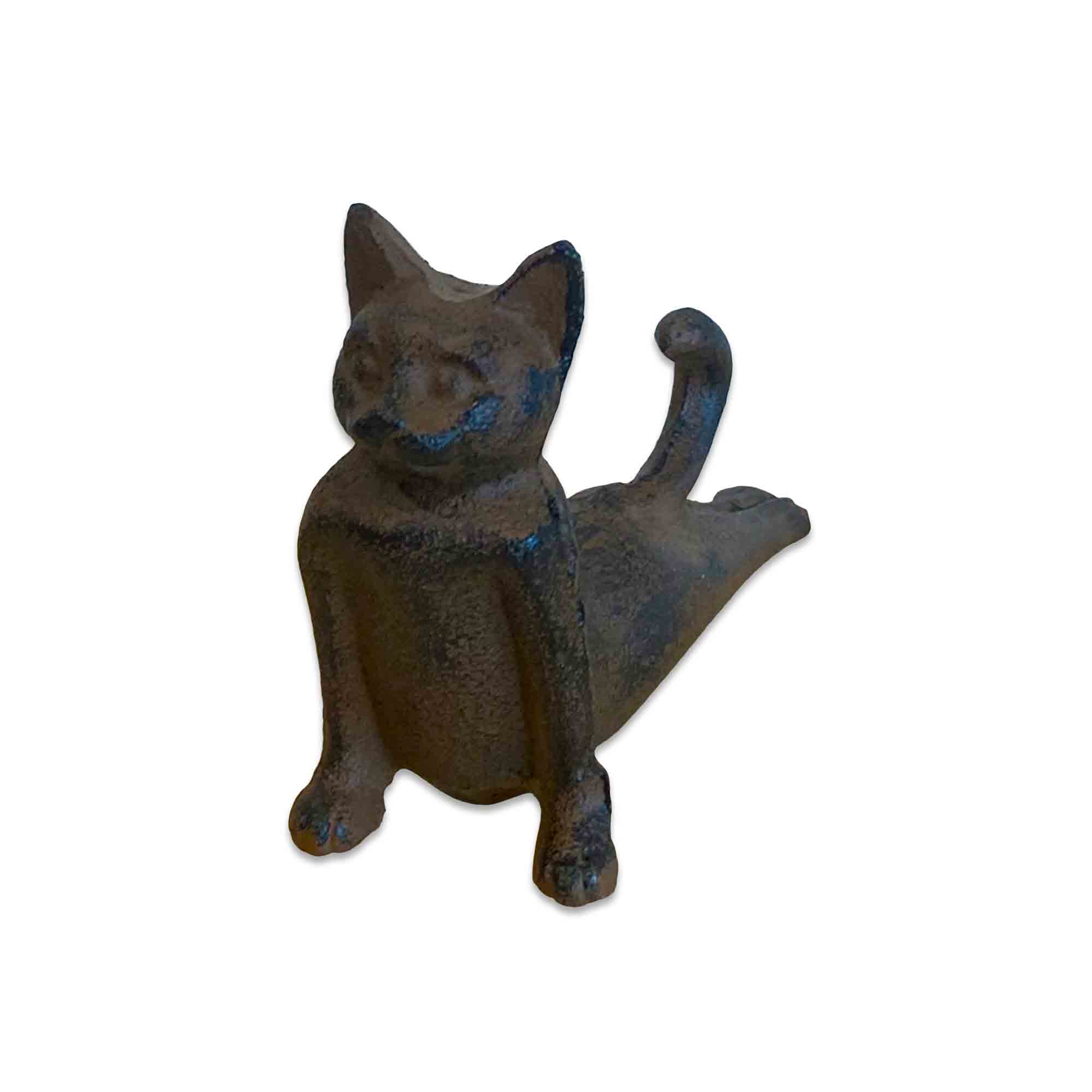 Cast iron cat-shaped door stopper on a white background
