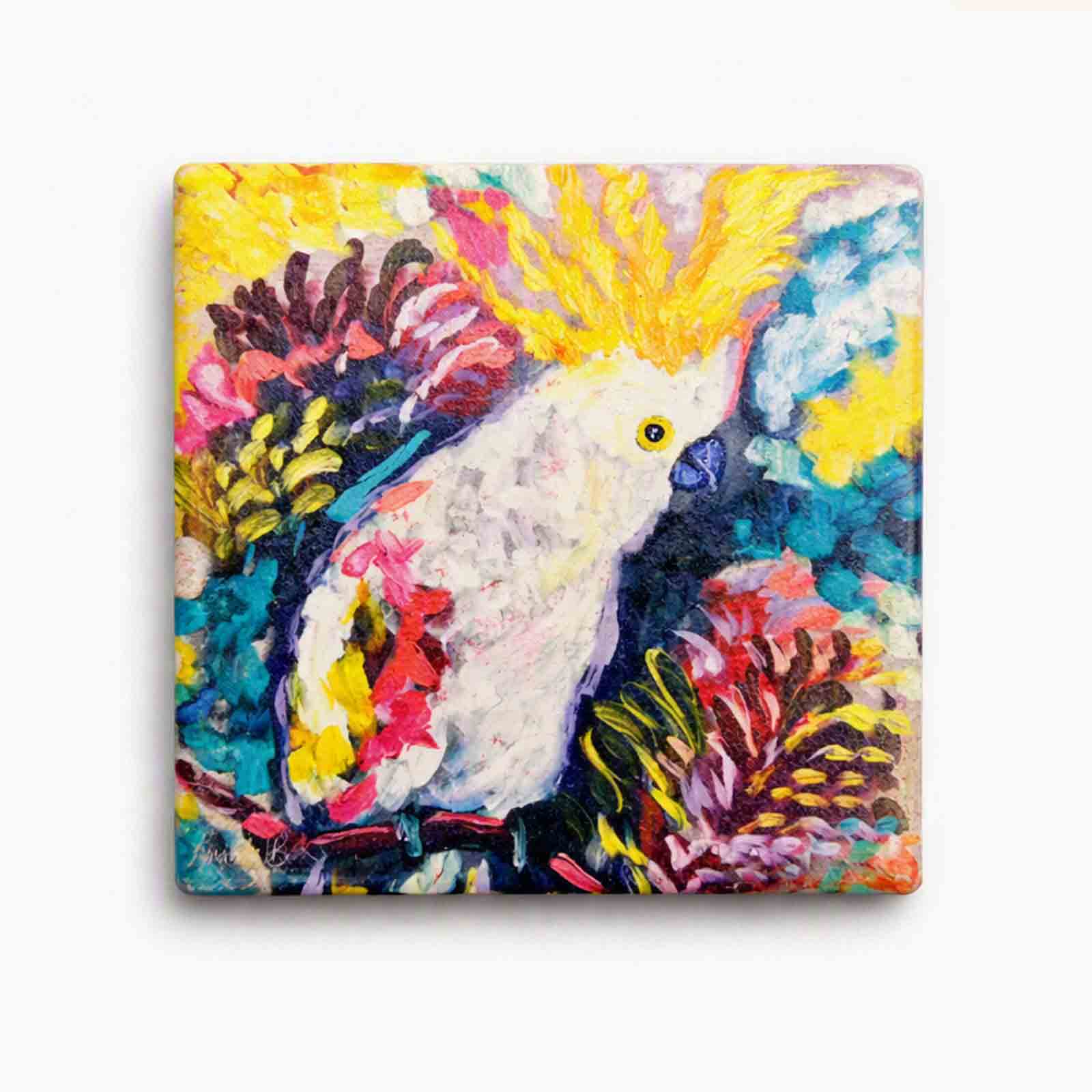 Amanda Brooks Sulphur Crested Cockatoo Dolomite Stone Drinks Coaster