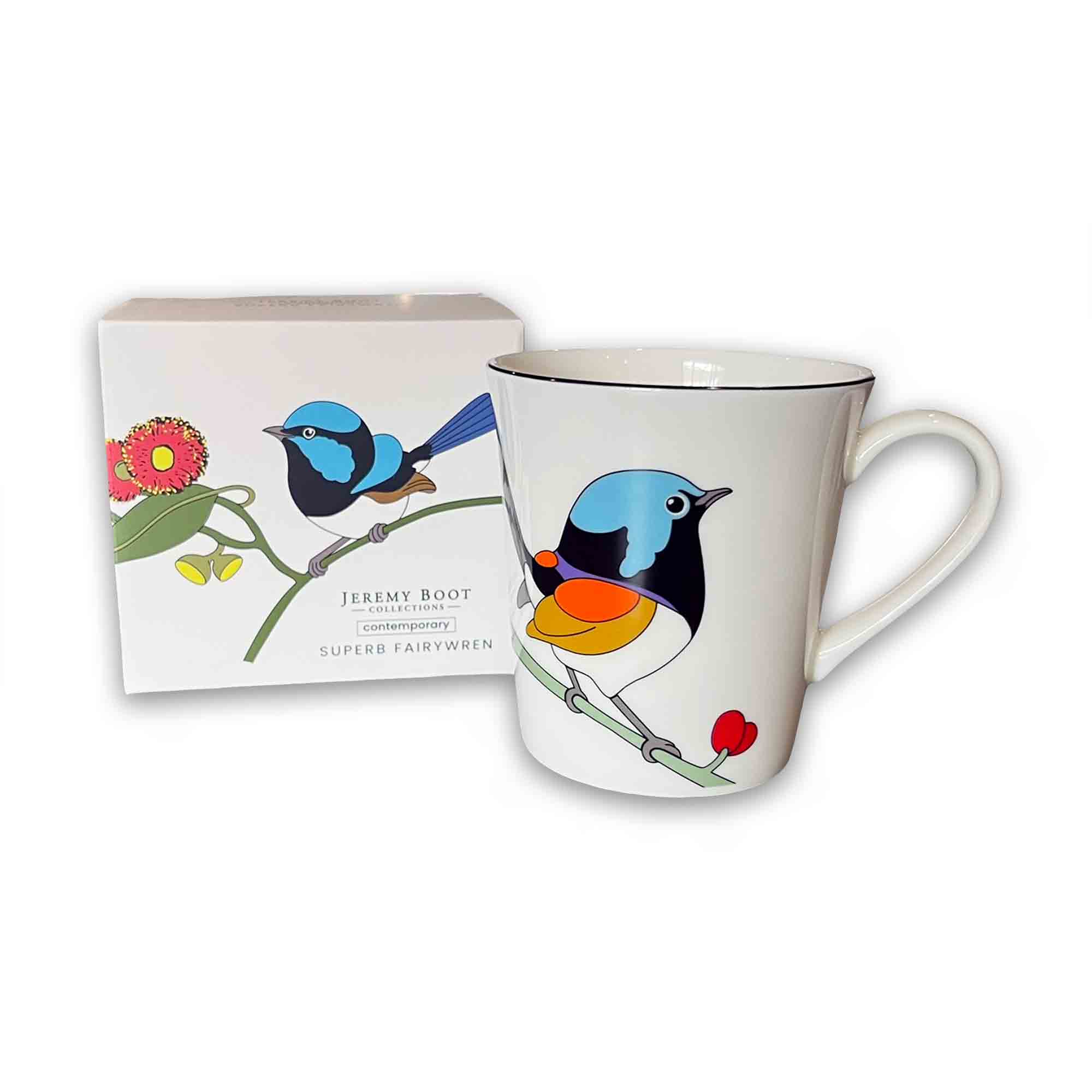 Mug with bird design and matching box on a white background featuring the contemporary work of Australian artist Jeremy Boot