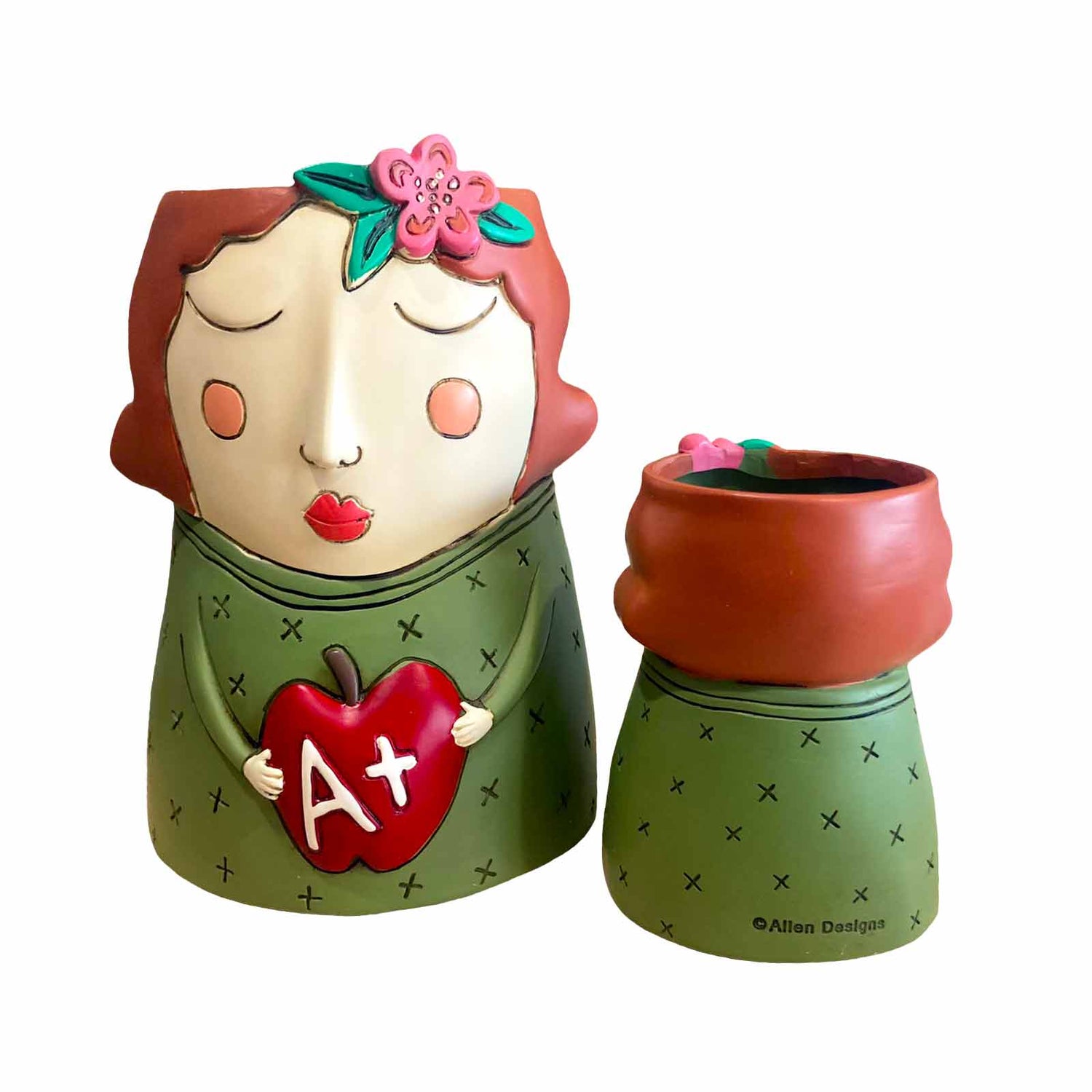 Allen Designs Resin Planters - Teacher Planter facing front, Baby Teacher Planter back facking