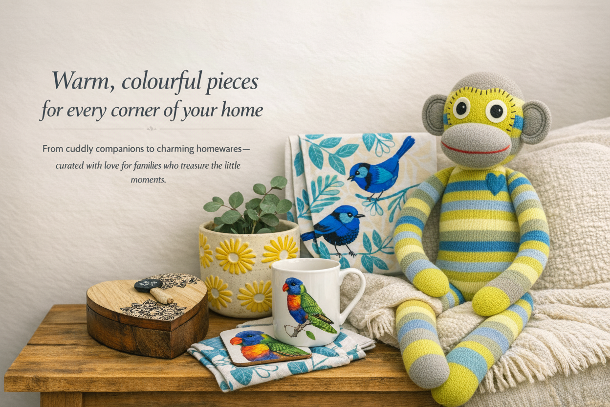 Cotton sock monkey with bird mug and Australian homewares