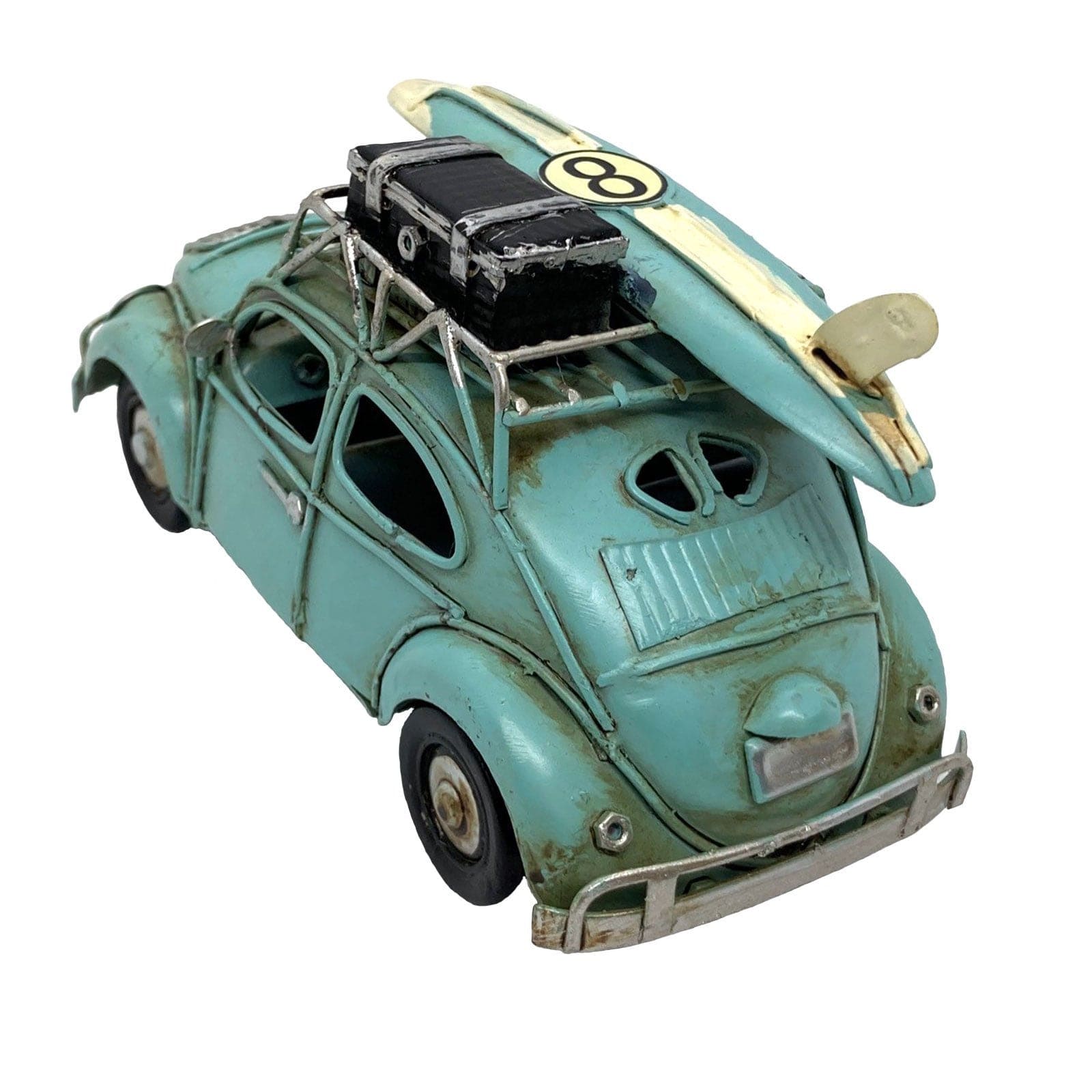 Blue Tin Bug with Surfboard / Luggage