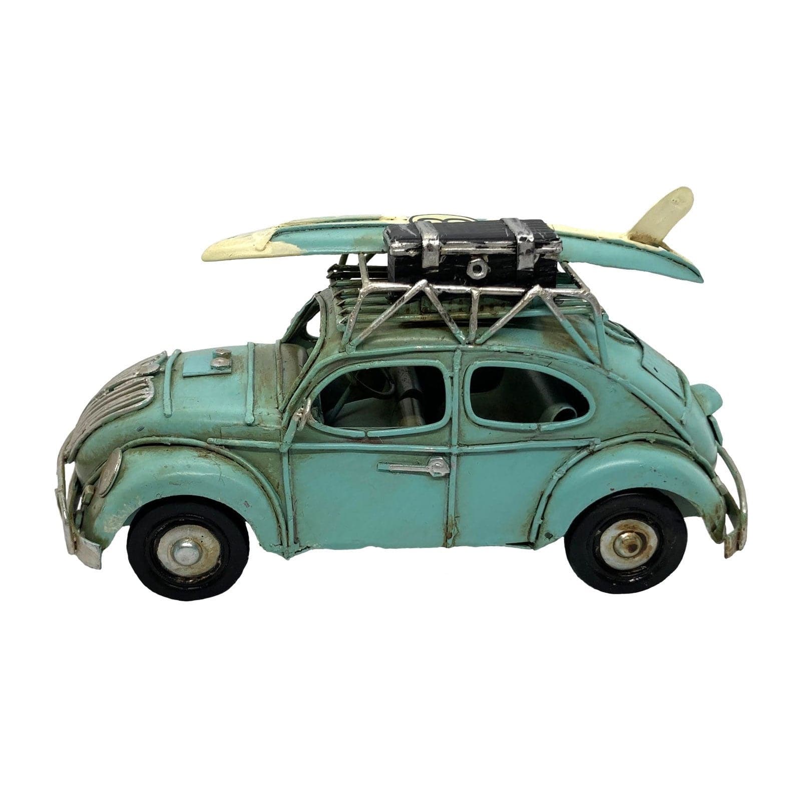 Blue Tin Bug with Surfboard / Luggage