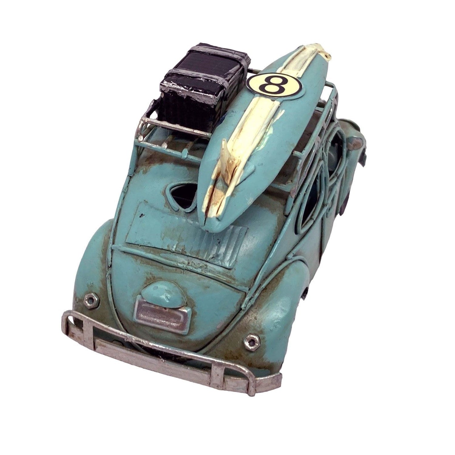 Blue Tin Bug with Surfboard / Luggage