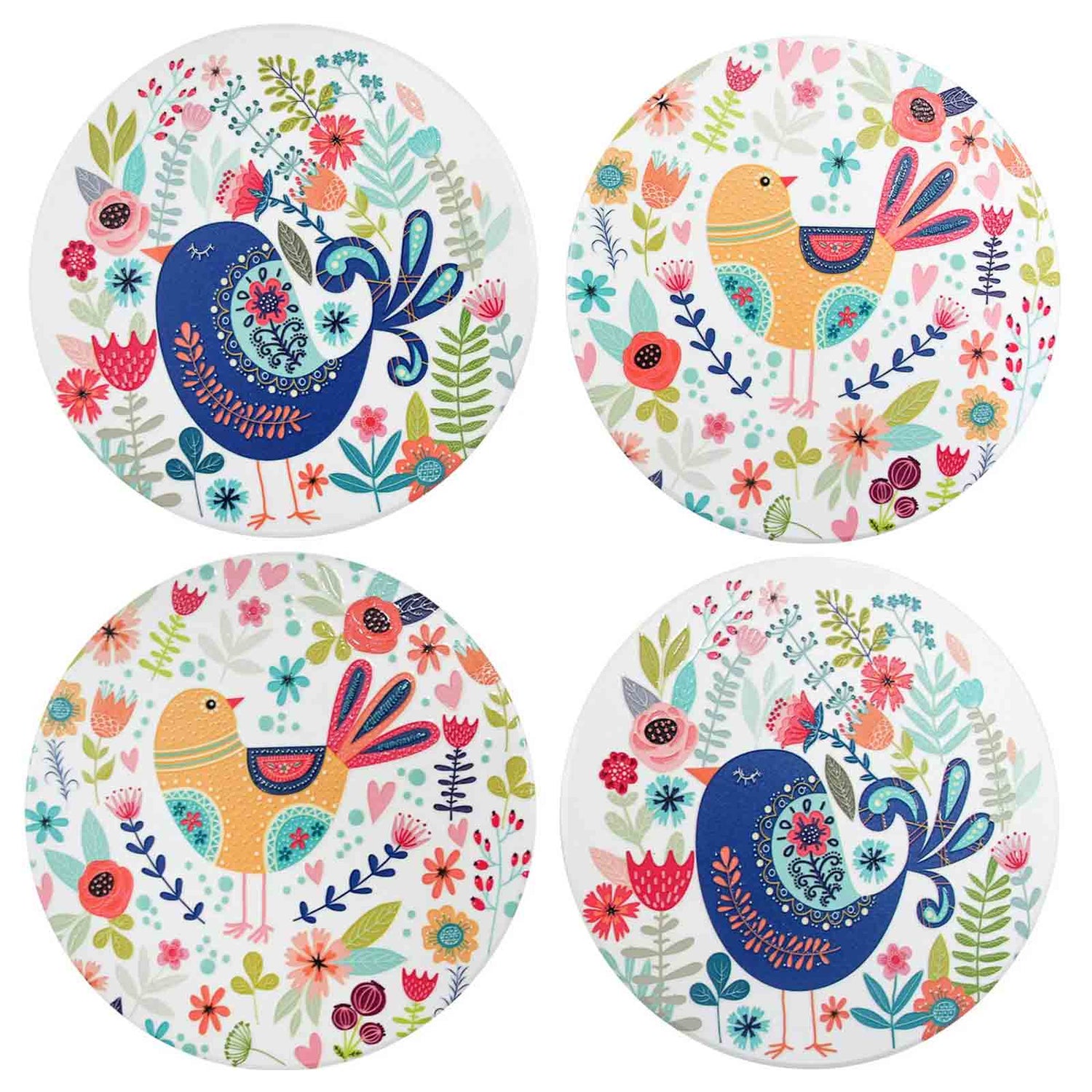 Folksy Birds Ceramic Coasters - Set of 4