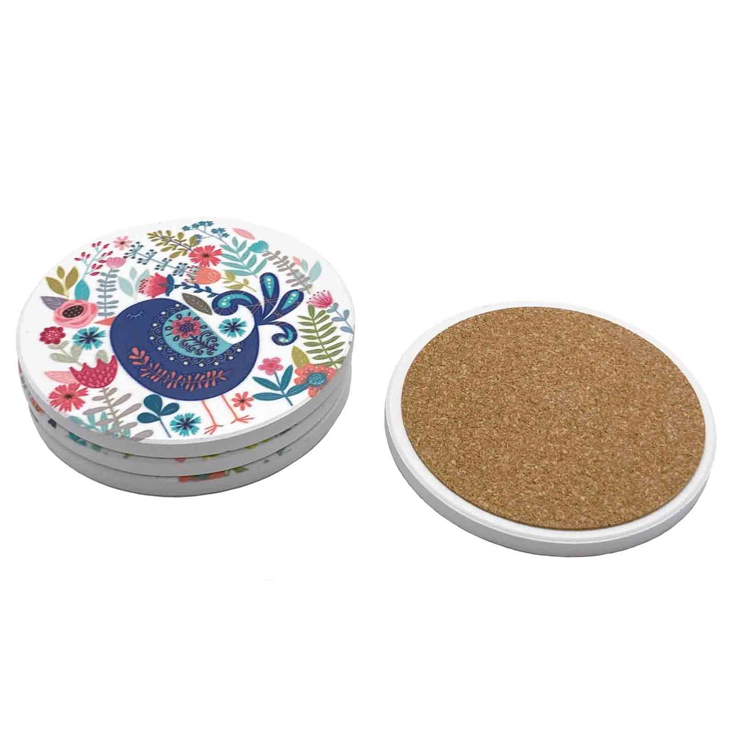 Folksy Birds Ceramic Coaster - Set of 4