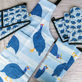 Guinea Fowl 100% Cotton Apron, Tea Towel, Double Oven Glove and Pot Holder Oven Mitt Set