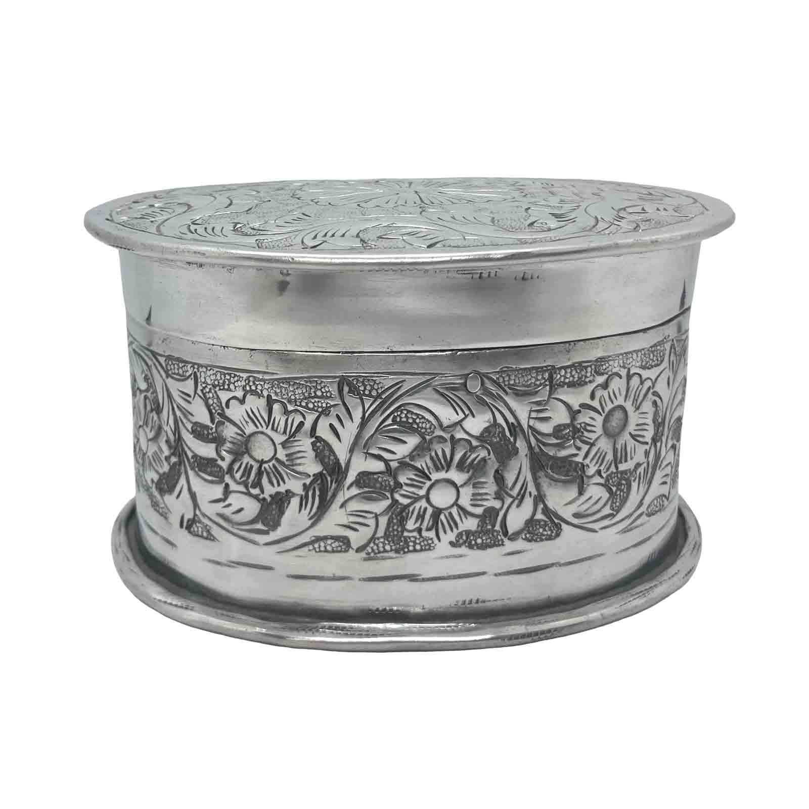 Silver Aluminium Oval Embossed Trinket Box