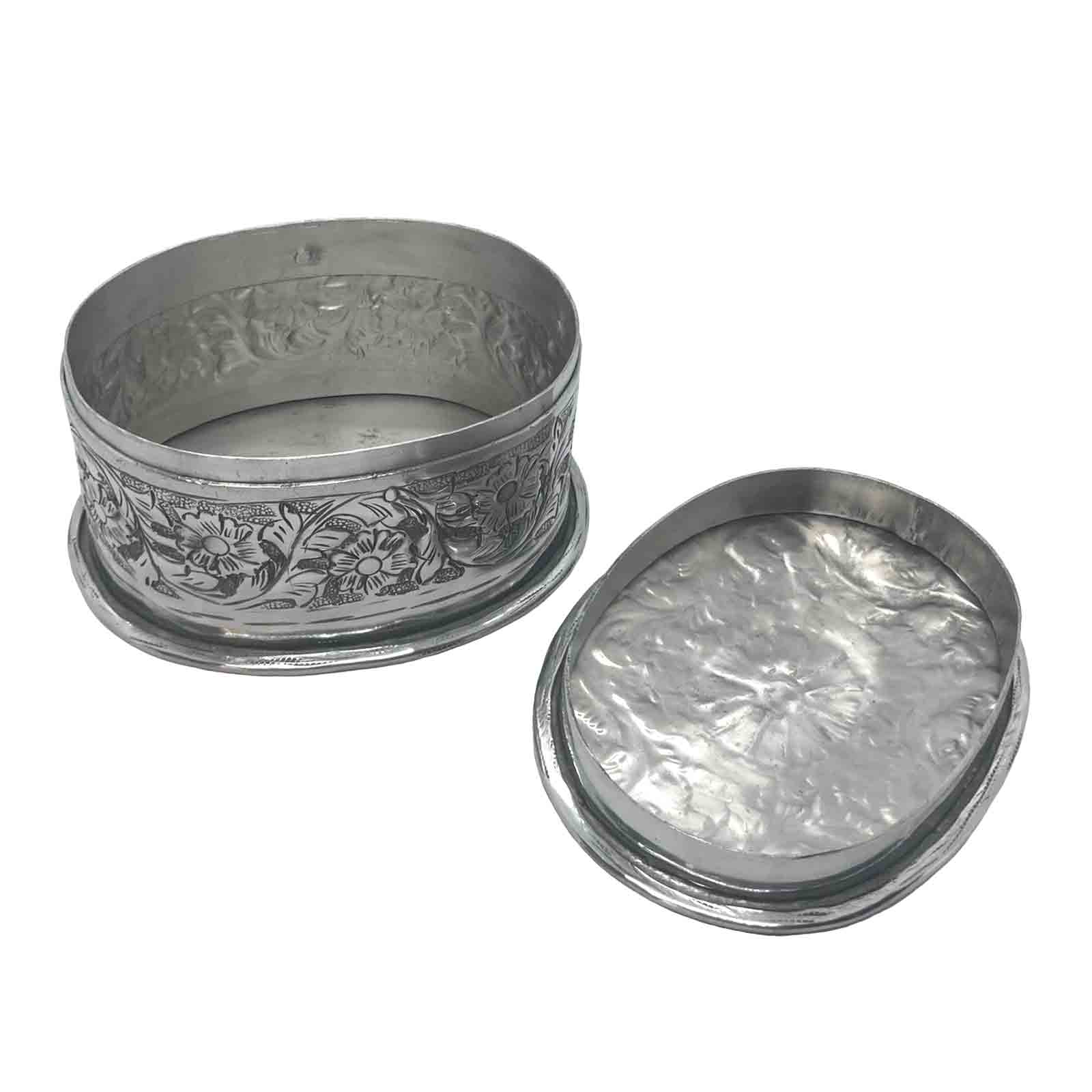 Silver Aluminium Oval Embossed Trinket Box