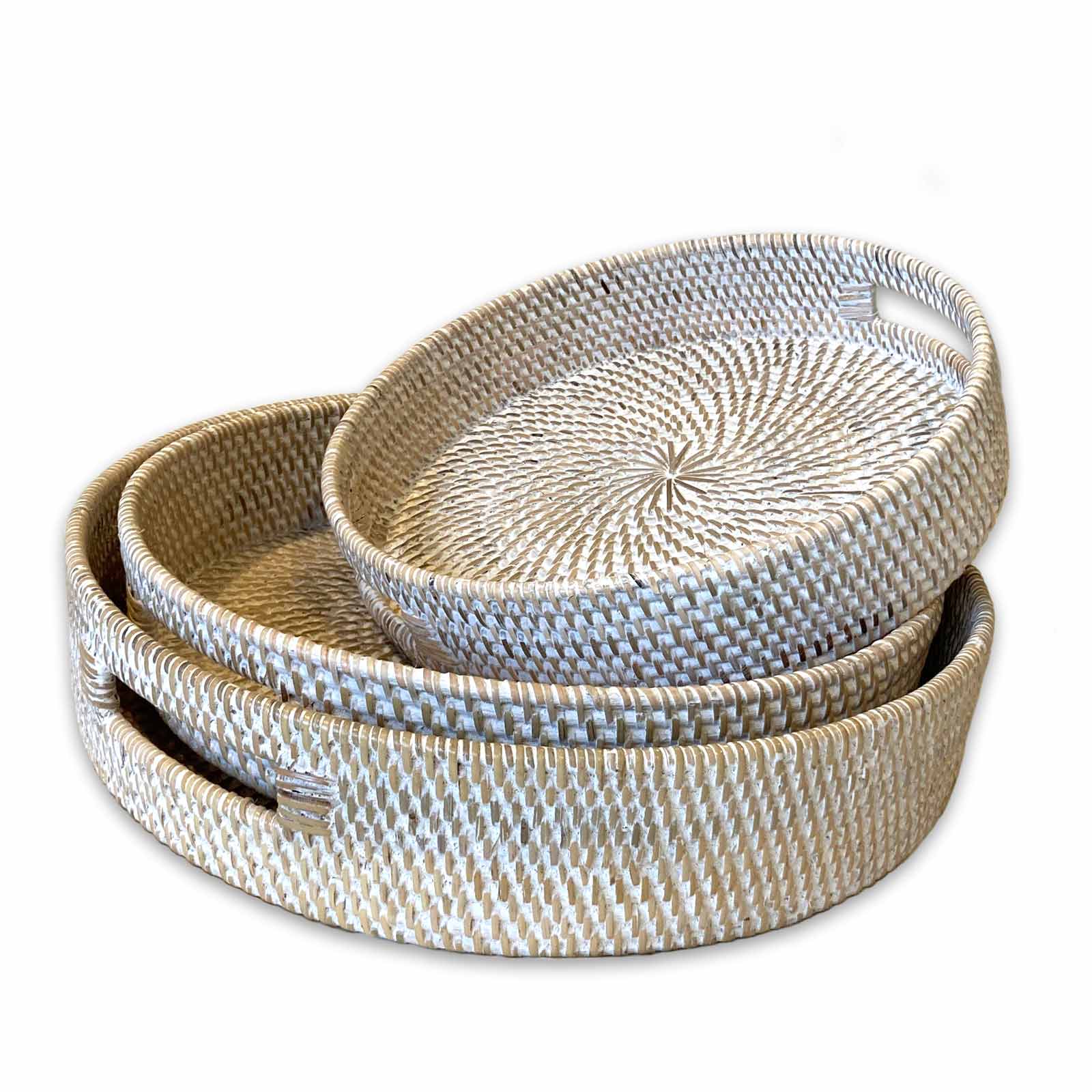 Round Rattan White Washed Trays