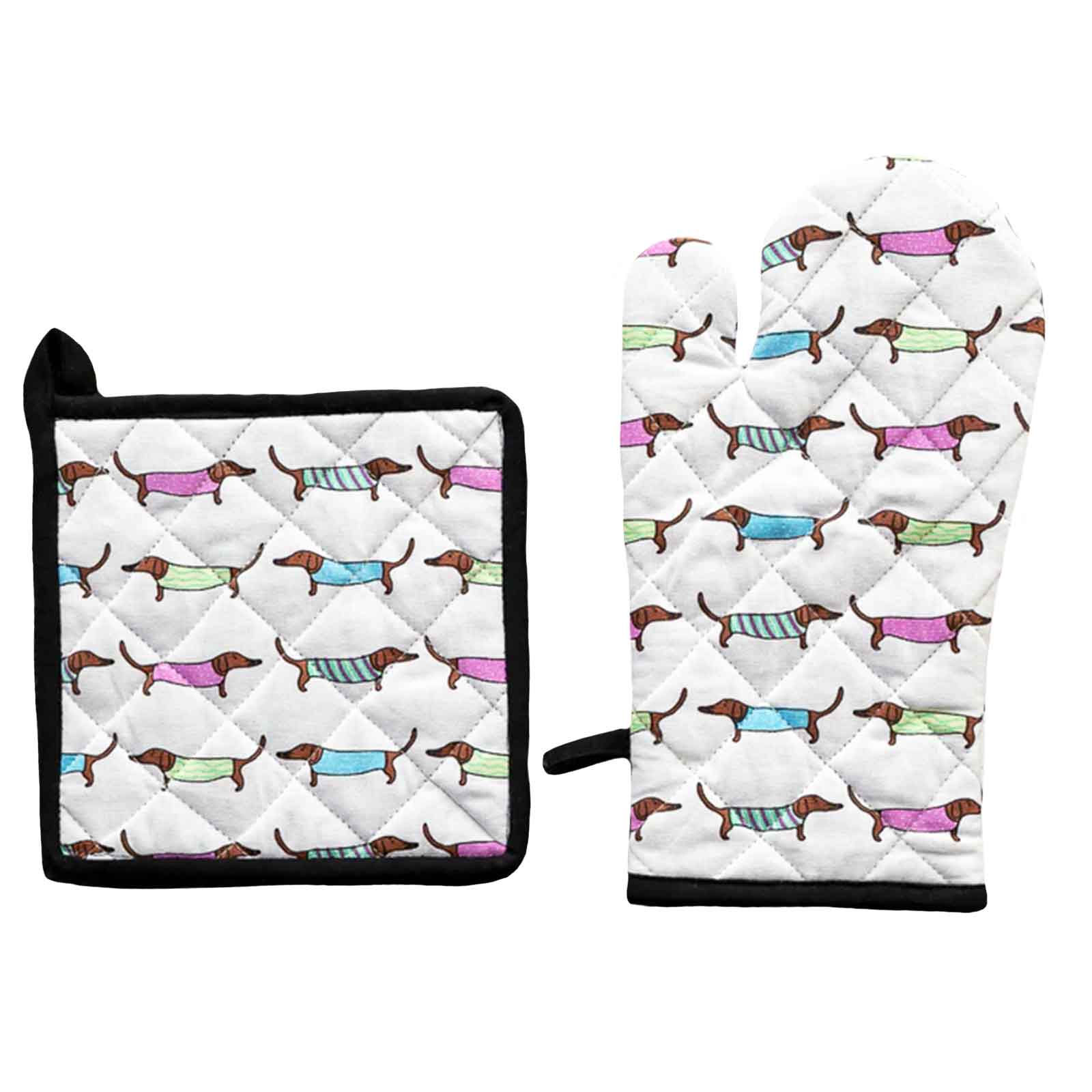 Sausage Dogs 100% Cotton Oven Glove and Pot Holder Set