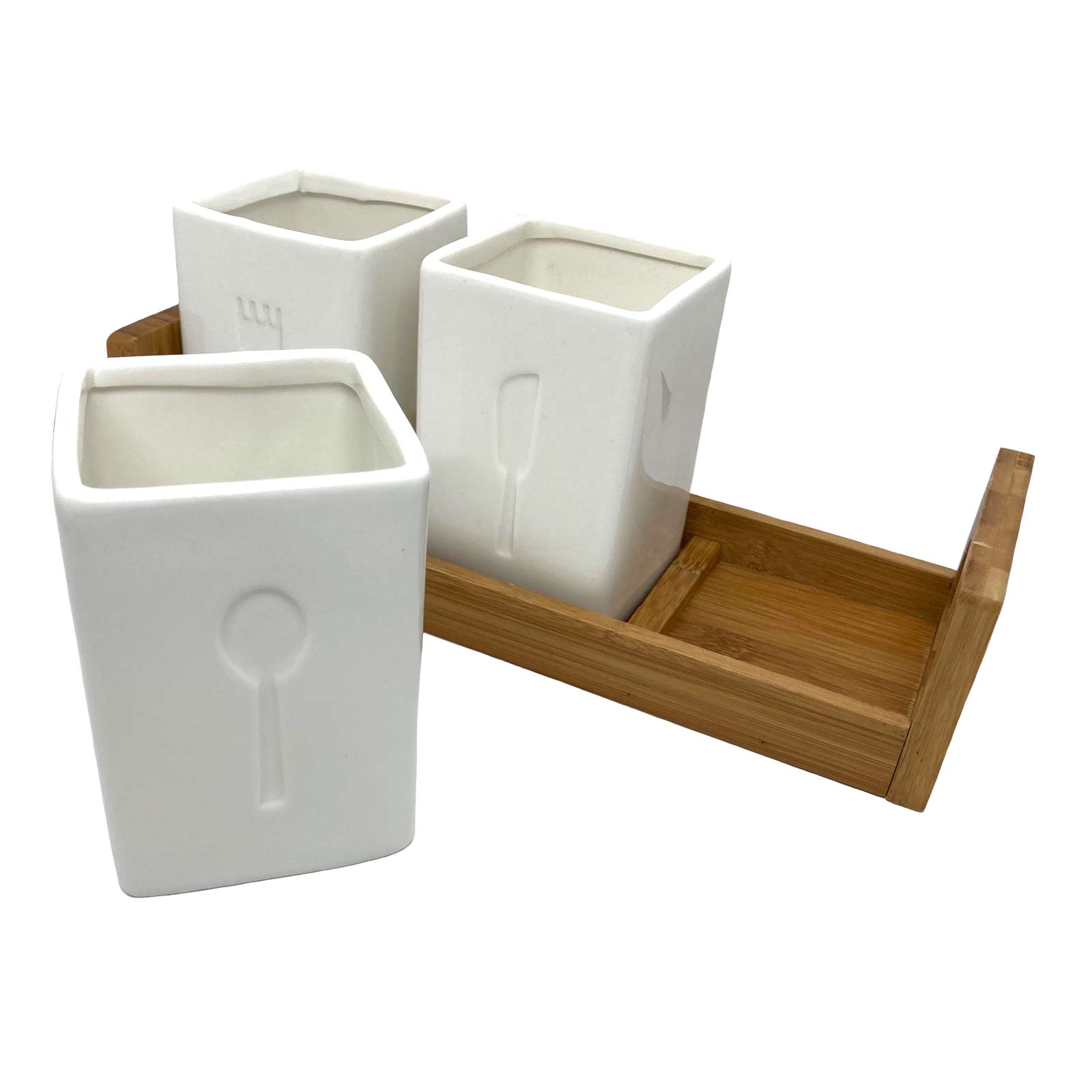 Ceramic Cutlery Storage Caddy with Bamboo Tray