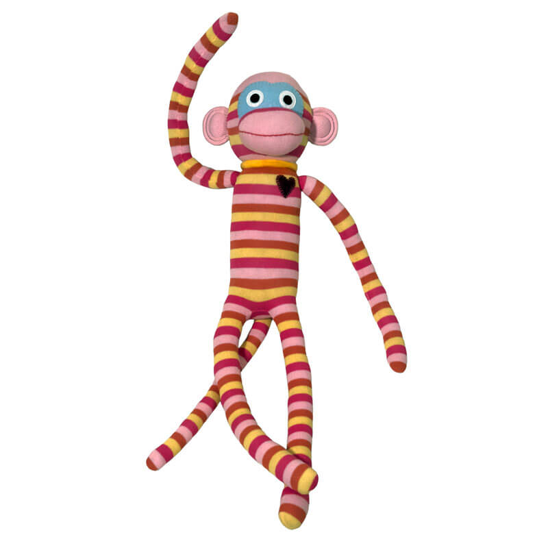 Striped monkey toy with a heart on a white background