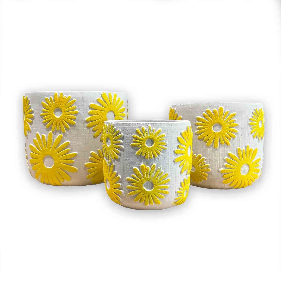 Set of three ceramic planters with yellow flower designs on a white background