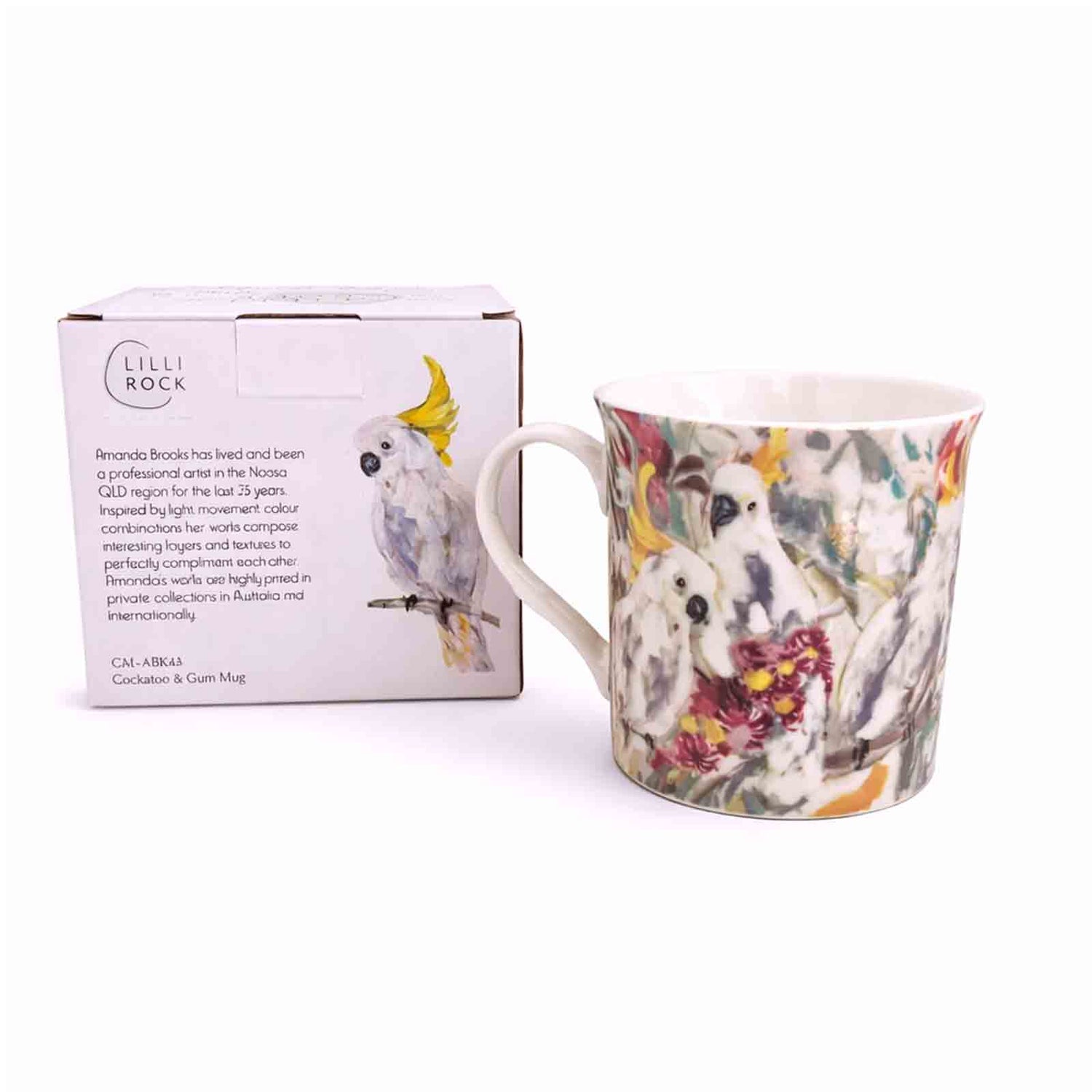 300ml gift‑boxed mug with colourful cockatoo and gum blossom illustration by Australian artist Amanda Brooks