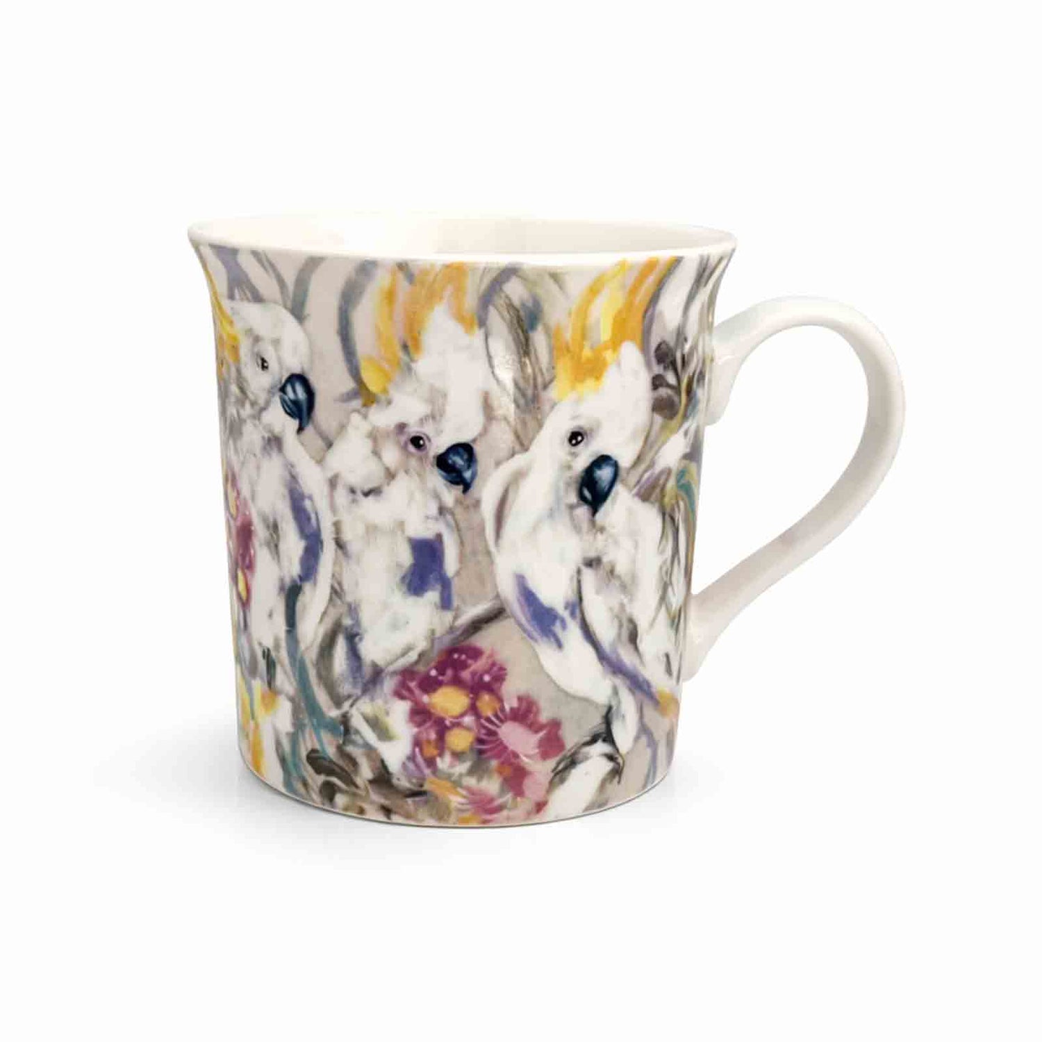 New bone china mug featuring Amanda Brooks’ Cockatoo &amp; Gum artwork with white cockatoos and native blossoms

