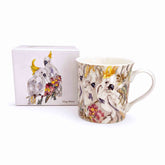 Gift‑boxed new bone china mug illustrated with Amanda Brooks’ vibrant cockatoos and Australian flora
