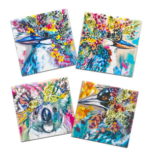Set of 4 Flora, Fauna, Feathers Amanda Brooks Stone Coasters