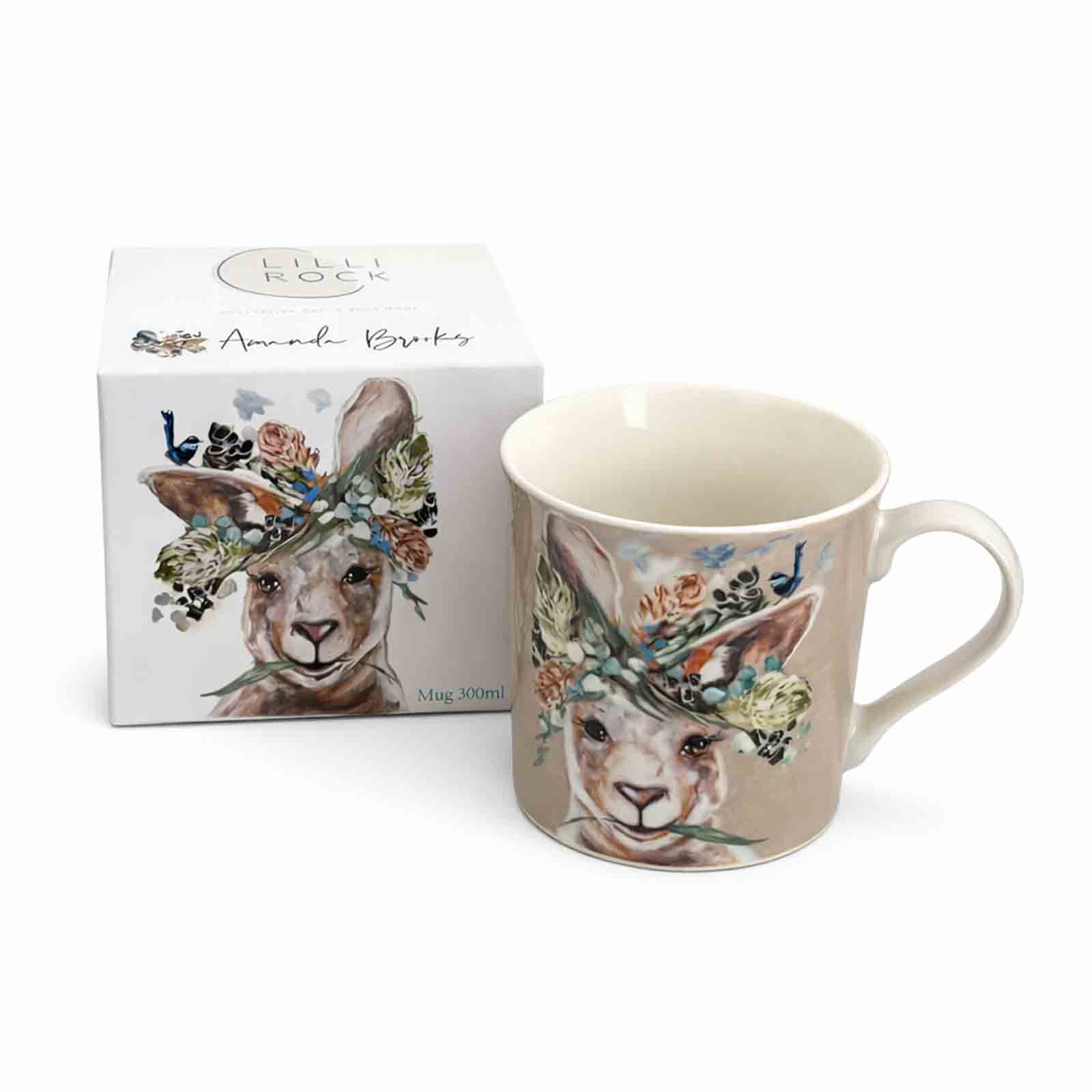 Australian souvenir mug featuring Amanda Brooks’ Kangaroo and Wren artwork, shown with its gift box.