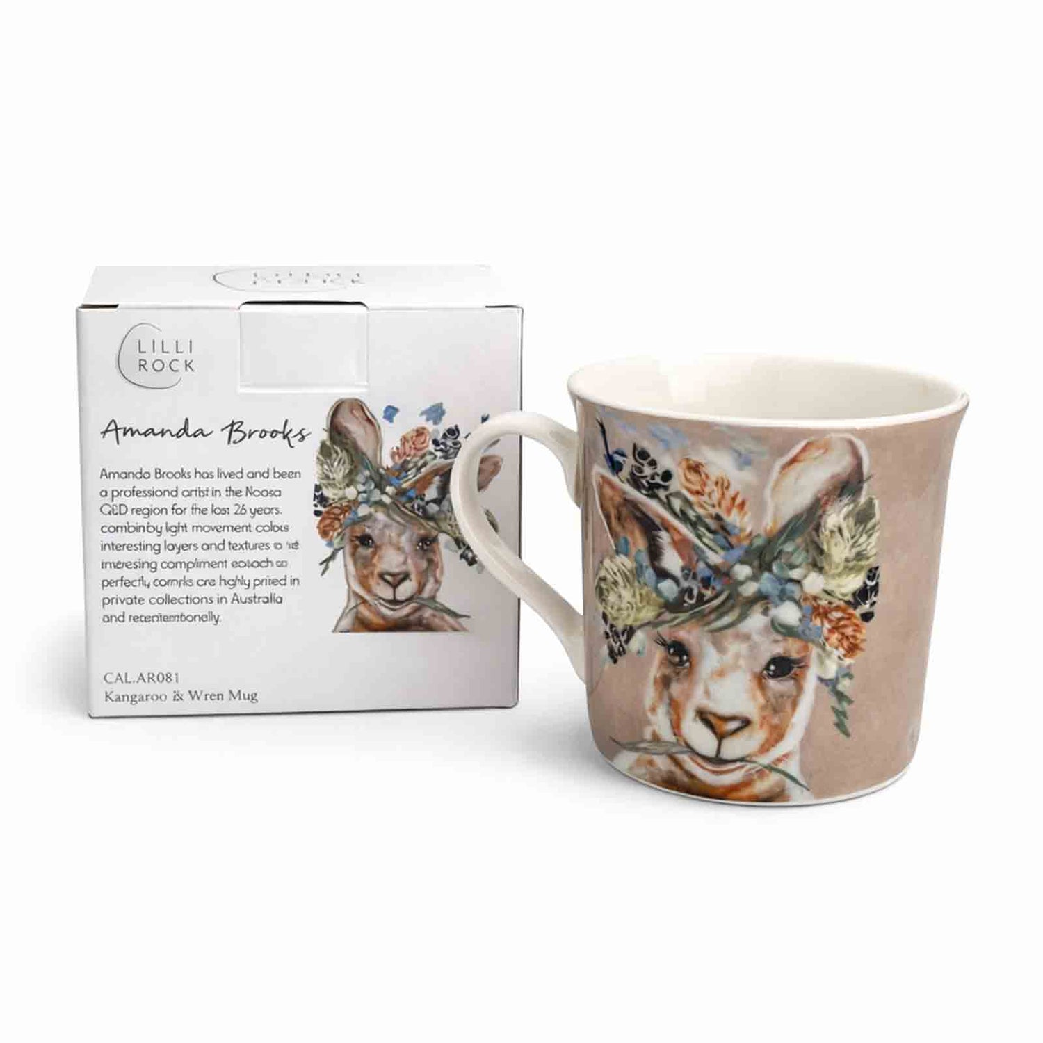 New Bone China Kangaroo and Wren mug displayed beside its matching Australian wildlife gift box.