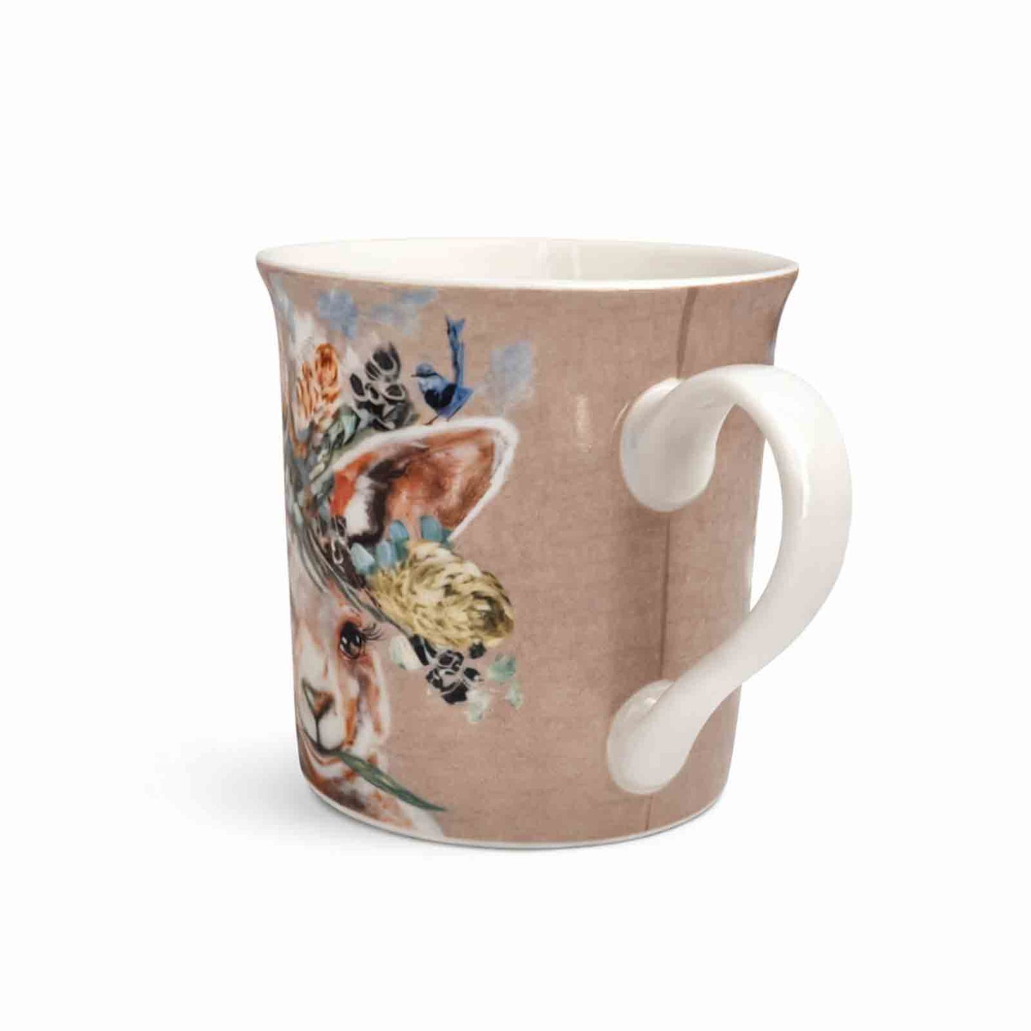 Australian souvenir mug with Amanda Brooks’ Kangaroo and Wren illustration on premium New Bone China.