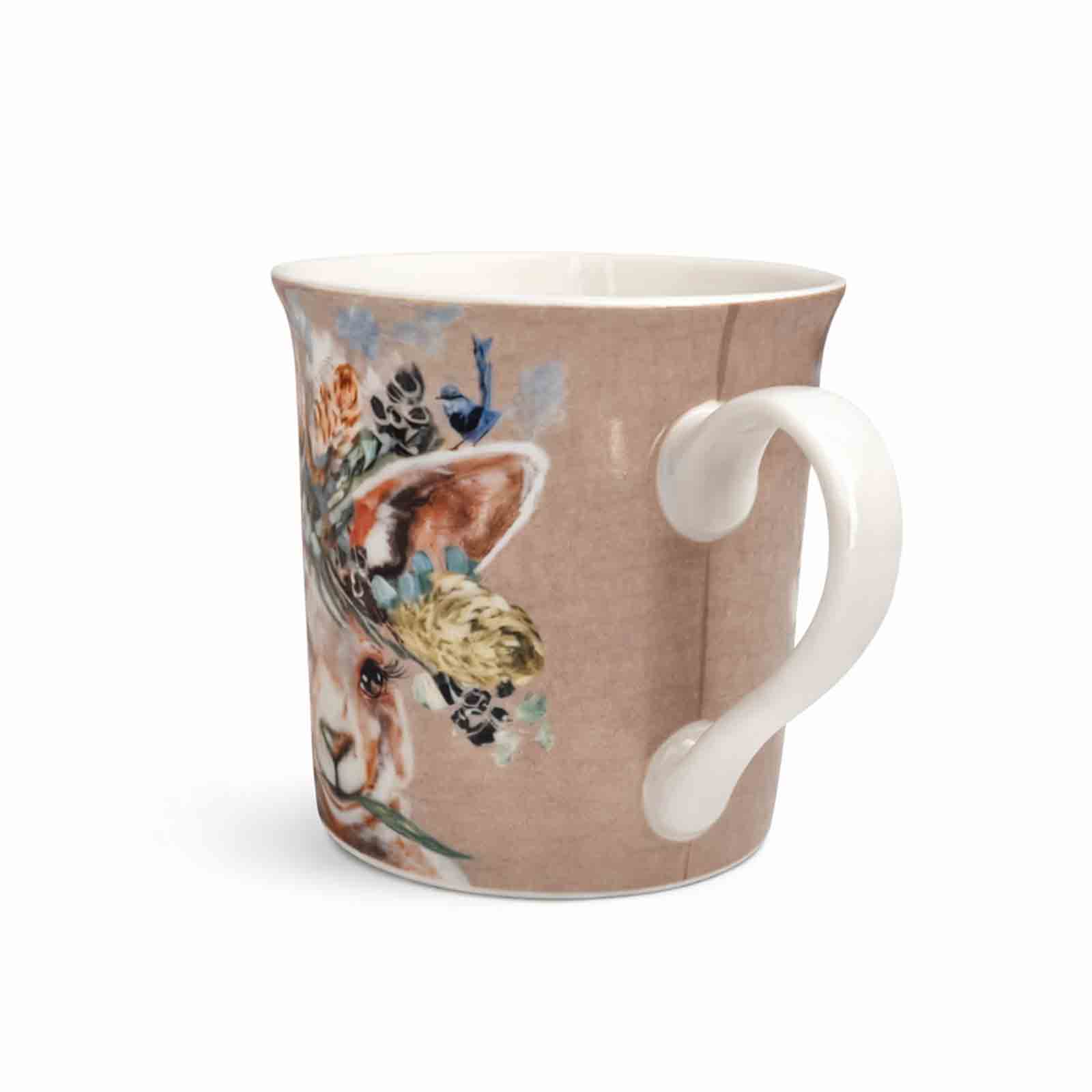 Australian souvenir mug with Amanda Brooks’ Kangaroo and Wren illustration on premium New Bone China.