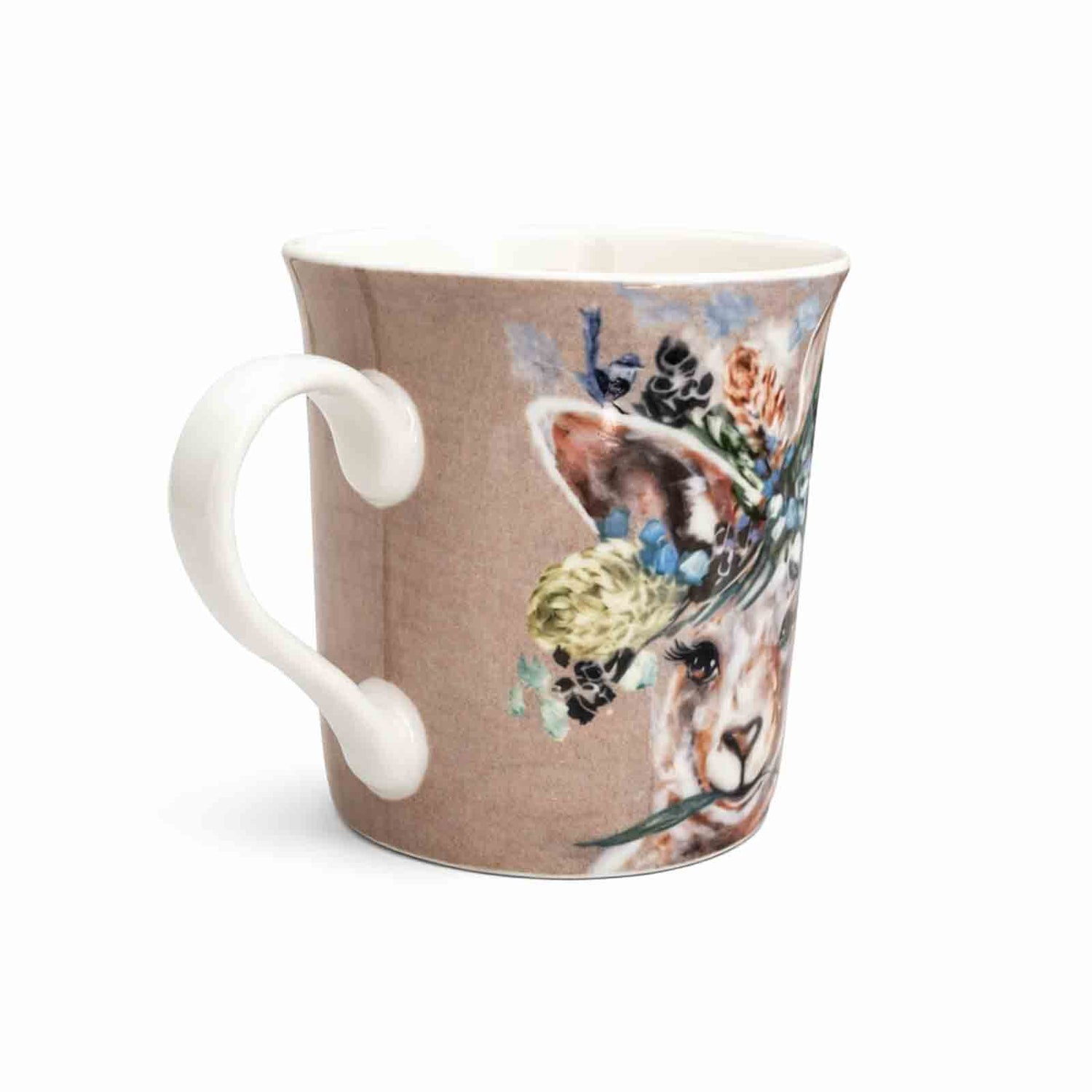 Australian wildlife art mug featuring a kangaroo with floral crown and wren, 300ml New Bone China.