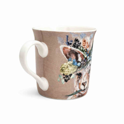 Australian wildlife art mug featuring a kangaroo with floral crown and wren, 300ml New Bone China.