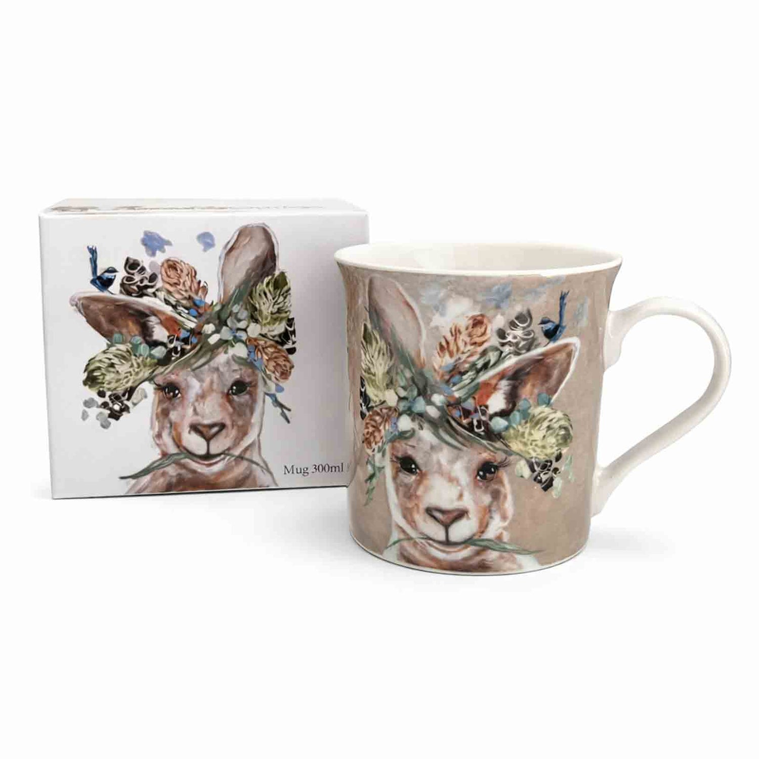 Kangaroo and Wren 300ml New Bone China mug with matching illustrated gift box by Amanda Brooks.

