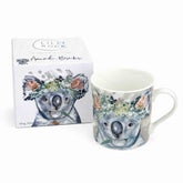 Koala coffee mug by Amanda Brooks with floral head dress, boxed ceramic 300ml mug, Australian wildlife art homewares.