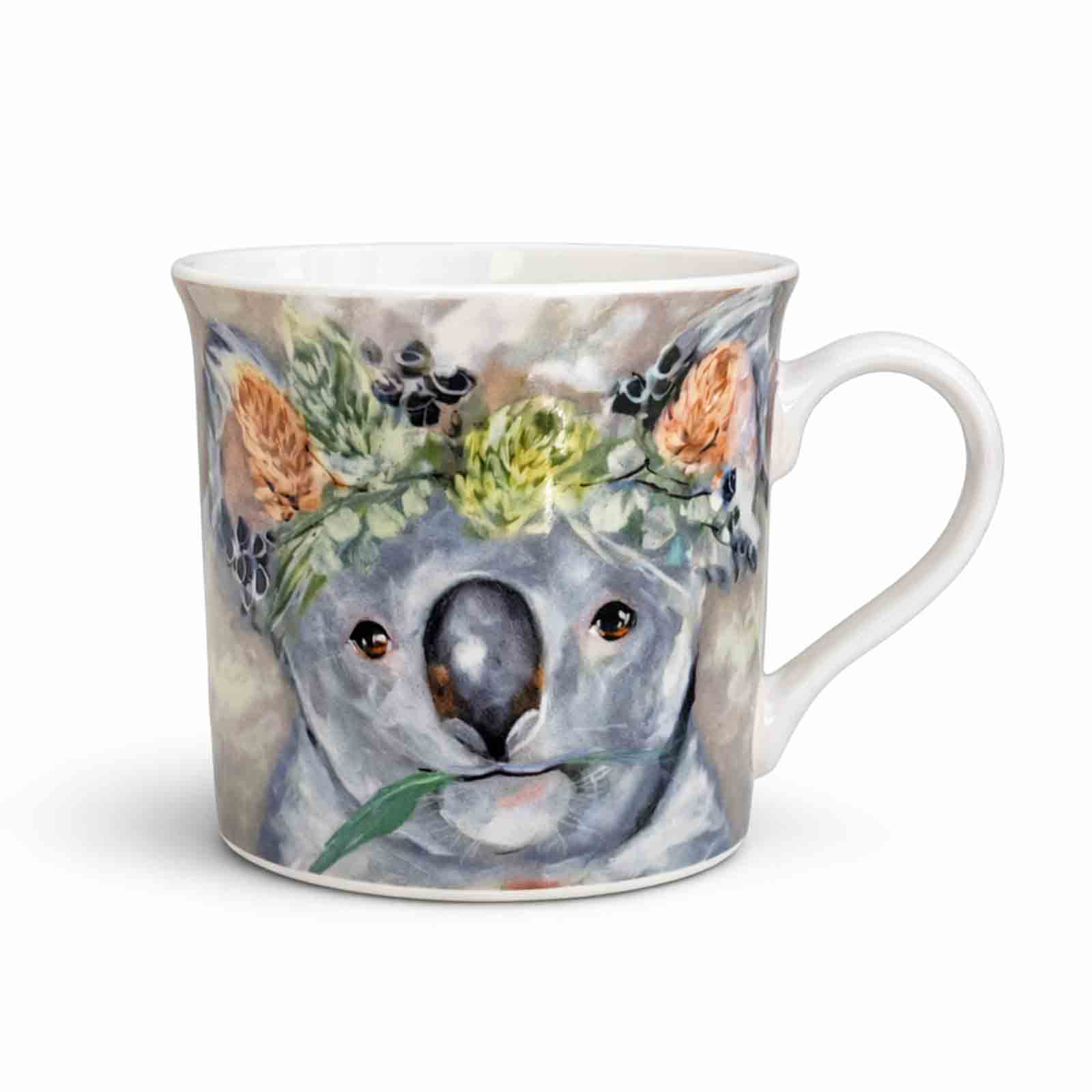 Amanda Brooks koala mug 300ml featuring watercolour floral crown illustration, gift‑boxed ceramic mug from Hello Homewares.