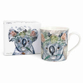 Koala boxed coffee mug 300ml with botanical artwork by Amanda Brooks, ceramic wildlife mug matching Forget Me Not Koala Coasters.