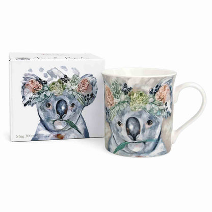 Koala boxed coffee mug 300ml with botanical artwork by Amanda Brooks, ceramic wildlife mug matching Forget Me Not Koala Coasters.