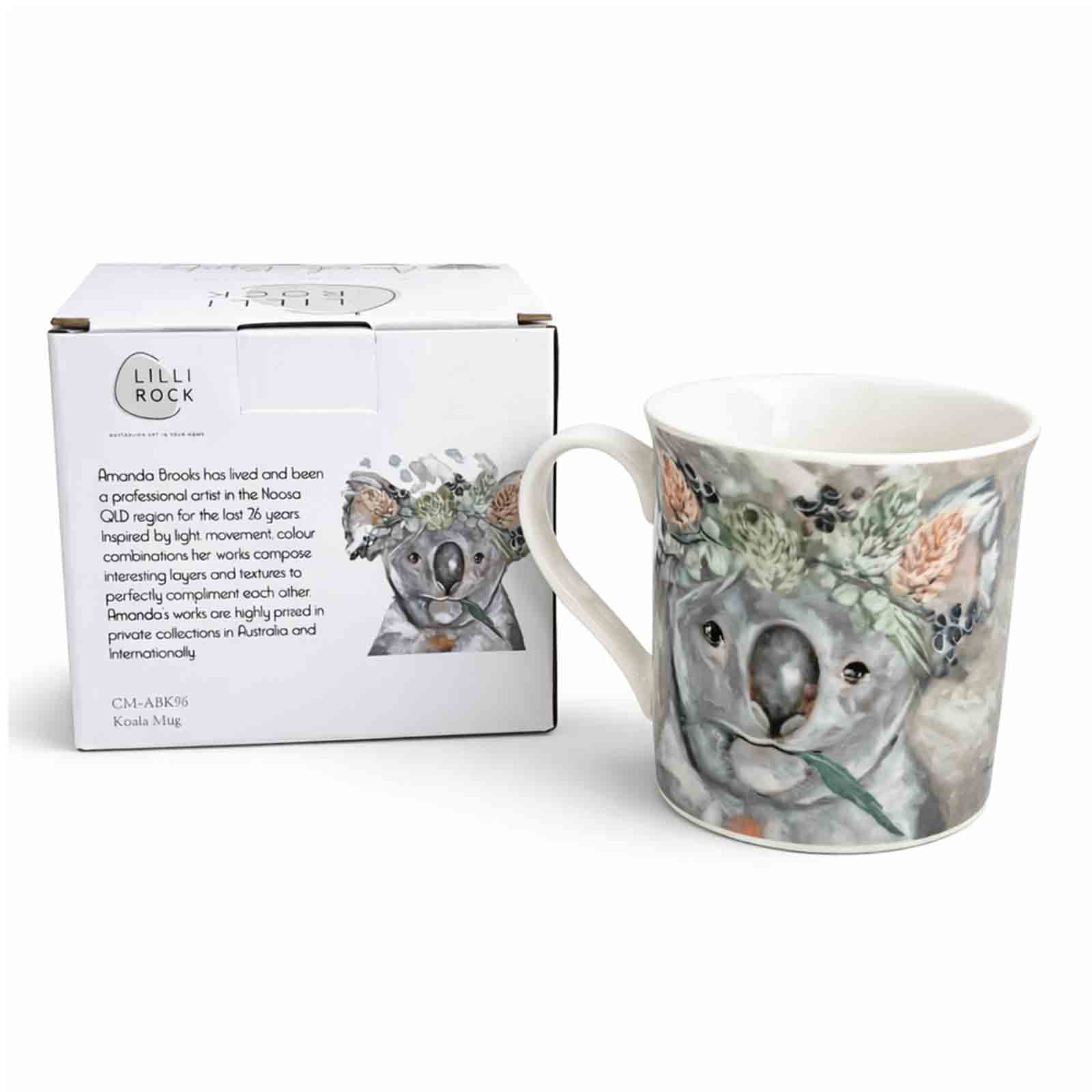 300ml ceramic koala mug with floral head dress artwork by Amanda Brooks, boxed gift mug, Australian wildlife kitchenware.