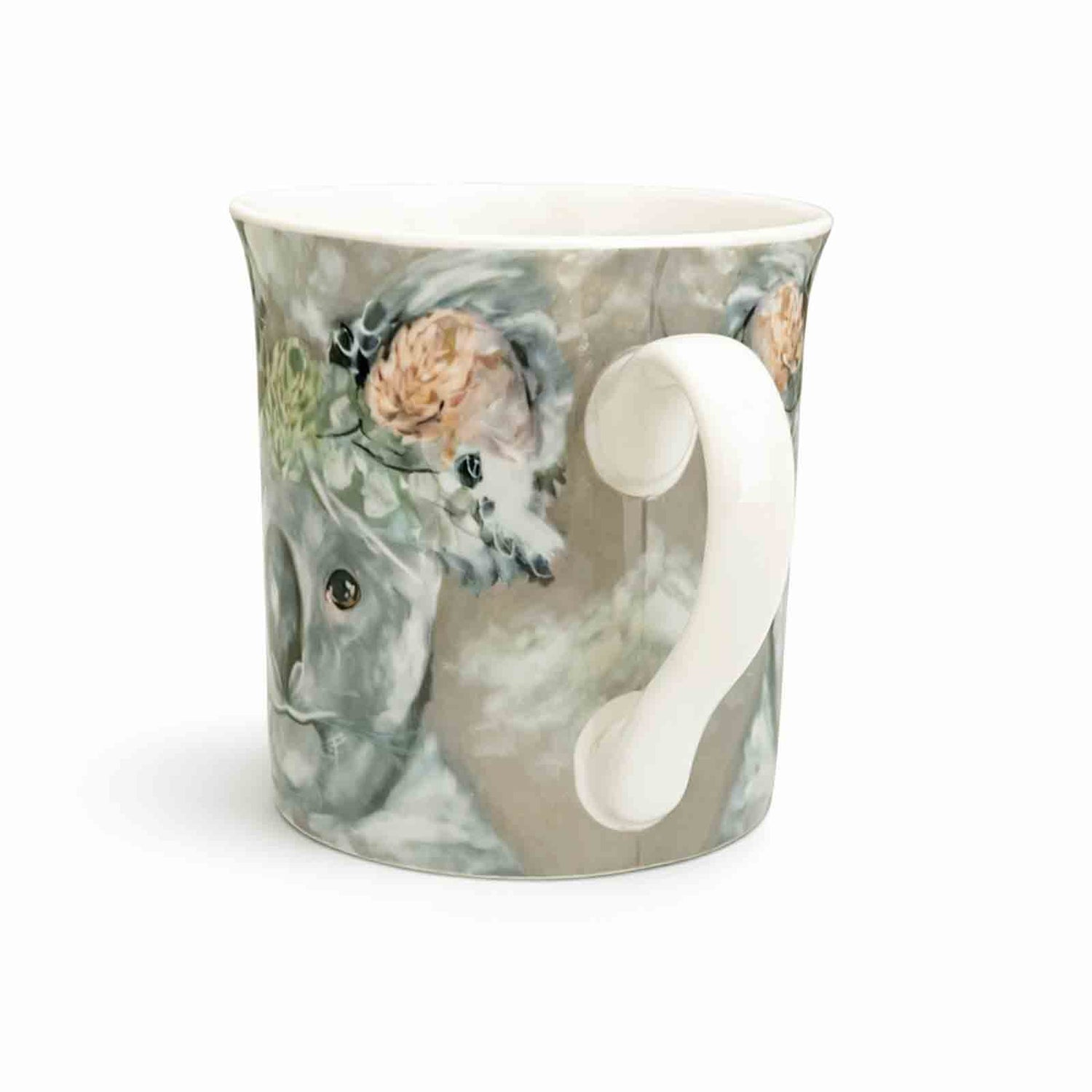 Australian koala art mug with floral head dress by Amanda Brooks, boxed ceramic coffee mug, boutique wildlife home décor.