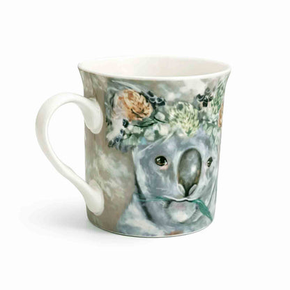 Floral crowned koala mug by Amanda Brooks, premium ceramic 300ml boxed mug, Australian artist wildlife collection.