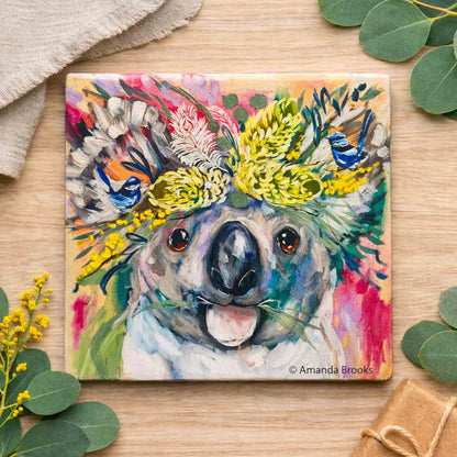 Amanda Brooks Koala &amp; Wren dolomite stone coaster – Australian artist wildlife artwork