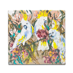 White Cockatoos 20cm Stone Trivet - Art by Amanda Brooks