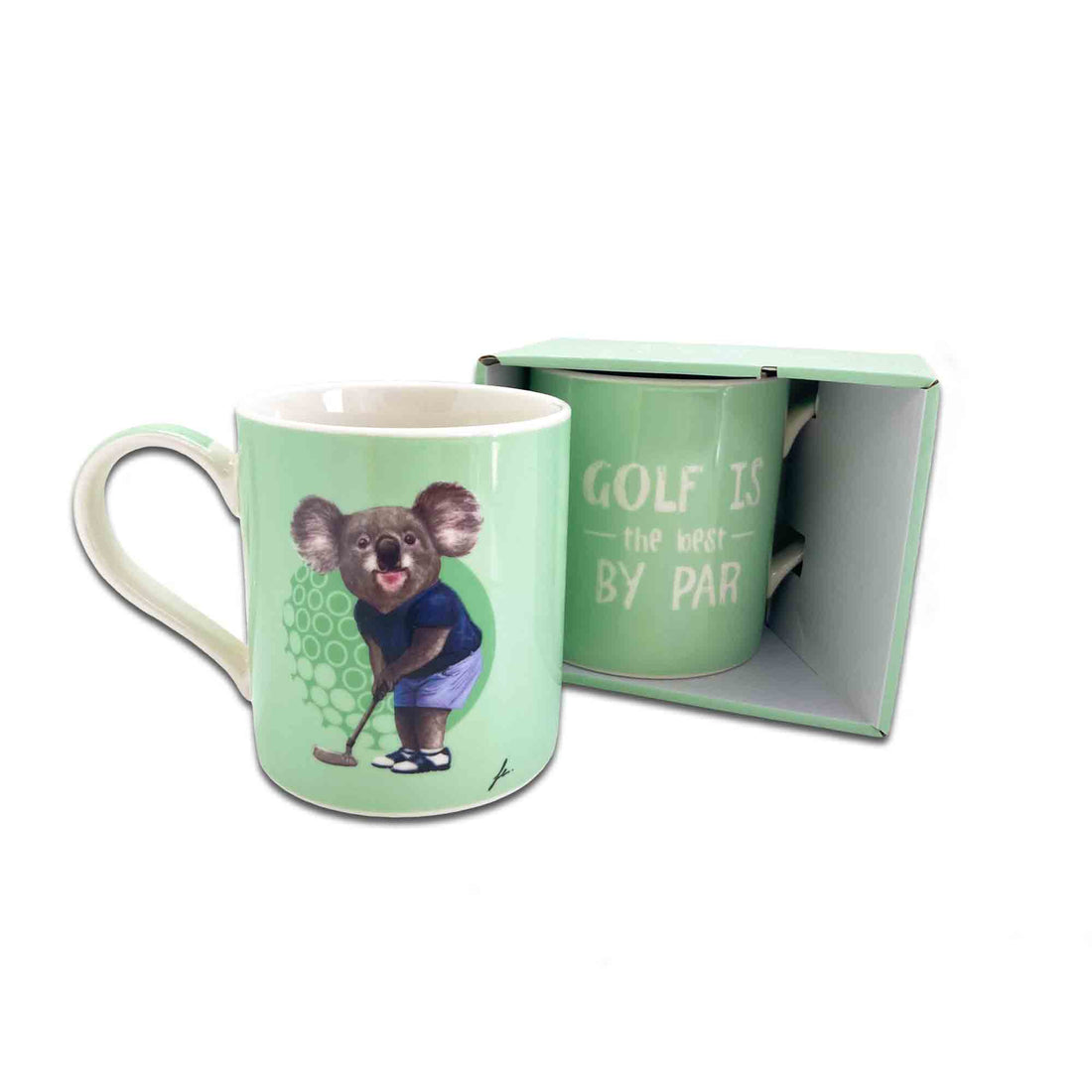 Green mug with a koala design and text, displayed with a box on a white background