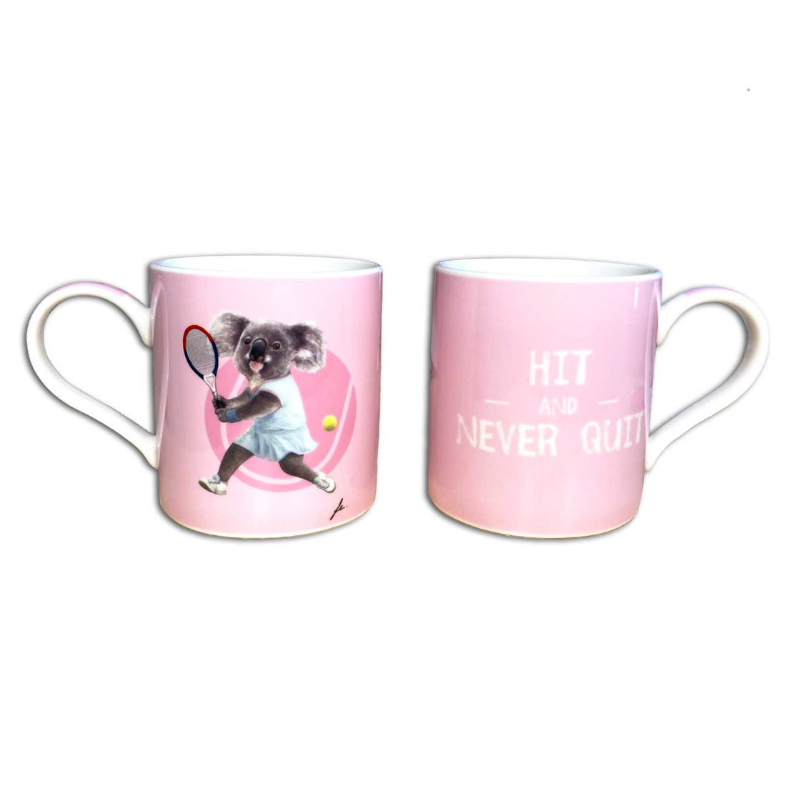 Pink mugs (showing front and back) with a koala playing tennis design and &