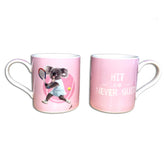 Pink mugs (showing front and back) with a koala playing tennis design and &