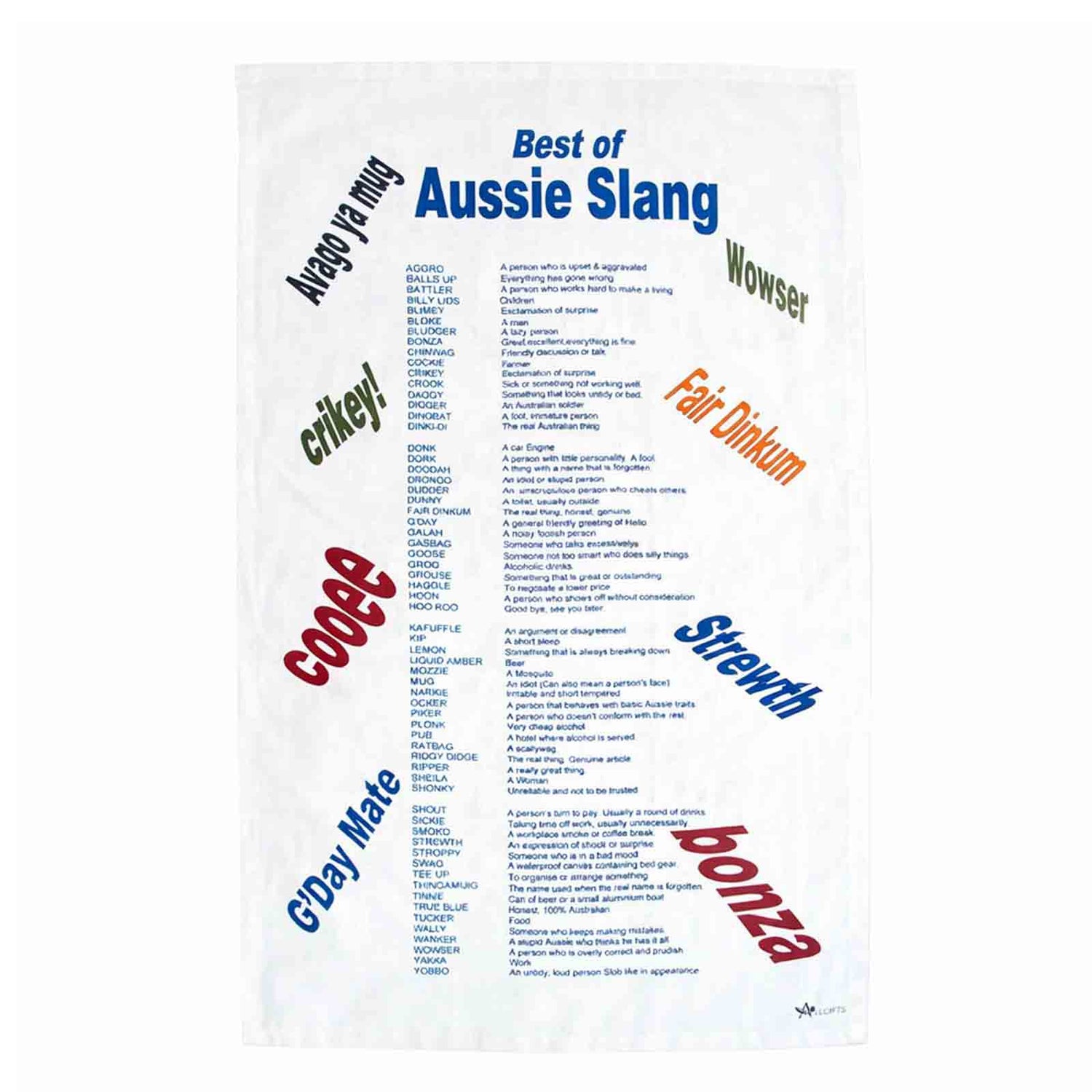 Cotton tea towel listing examples of Australian slang terms on a white background