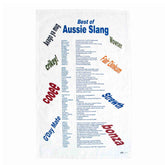 Cotton tea towel listing examples of Australian slang terms on a white background