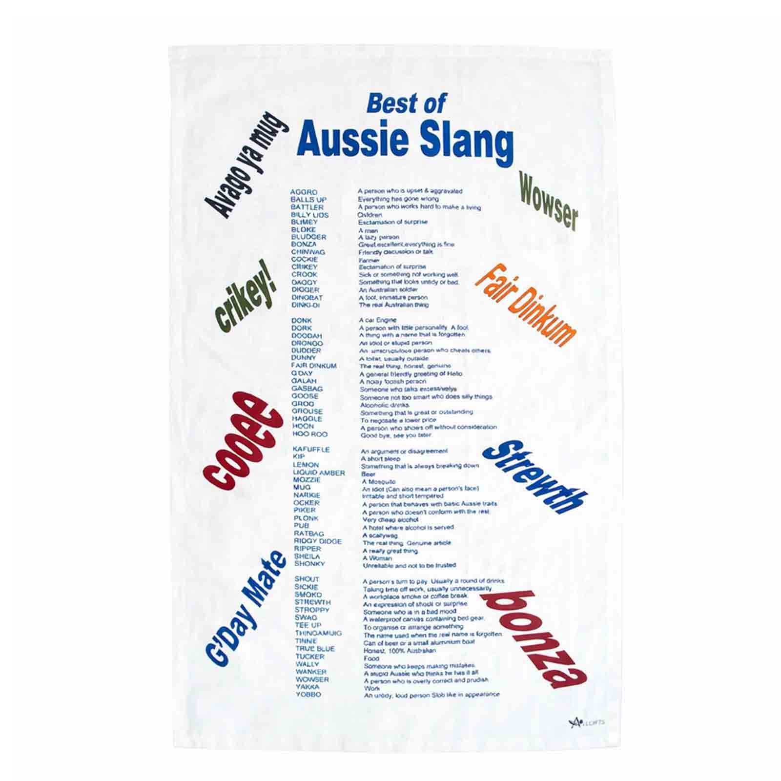 Cotton tea towel listing examples of Australian slang terms on a white background