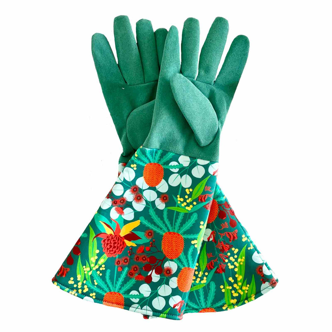 Gardening gloves with an Australian Botanicals floral pattern on a white background