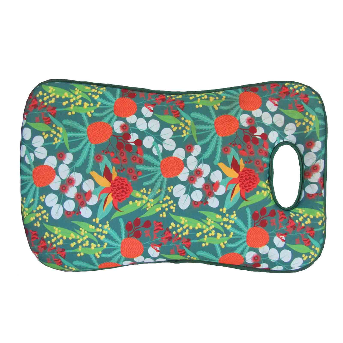 Colorful Australian Botanical floral-patterned gardeners knee cushion on a white background