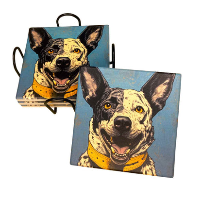 Australian Cattle Dog Set of Ceramic Coasters with Metal Stand