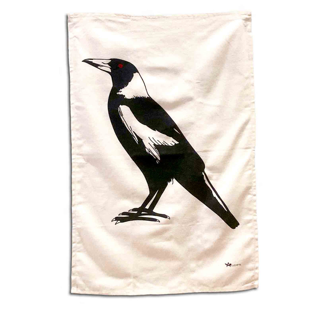100% Cotton Tea towel with a black Australian Magpie design on a white background