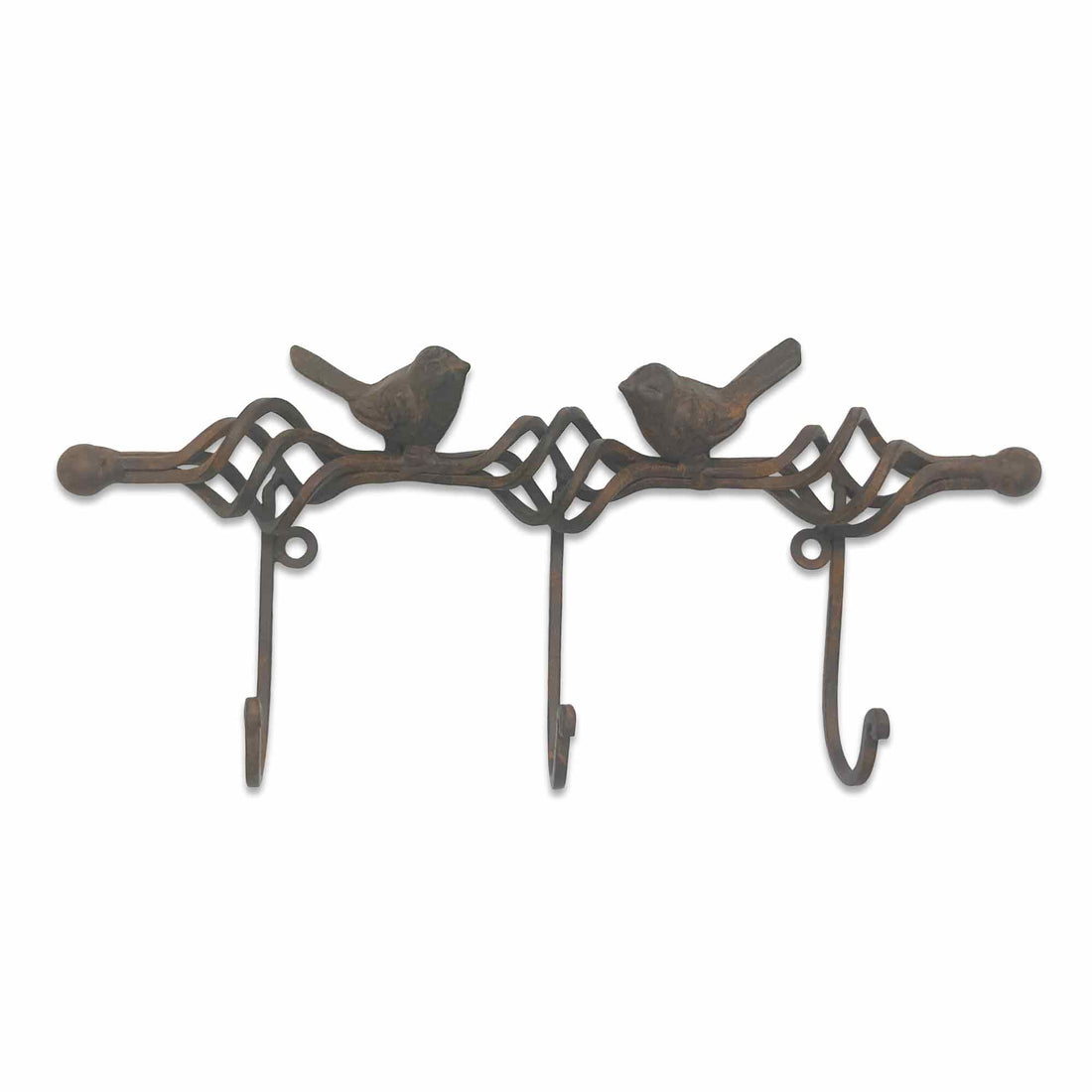 Decorative metal wall hook with bird designs on a white background