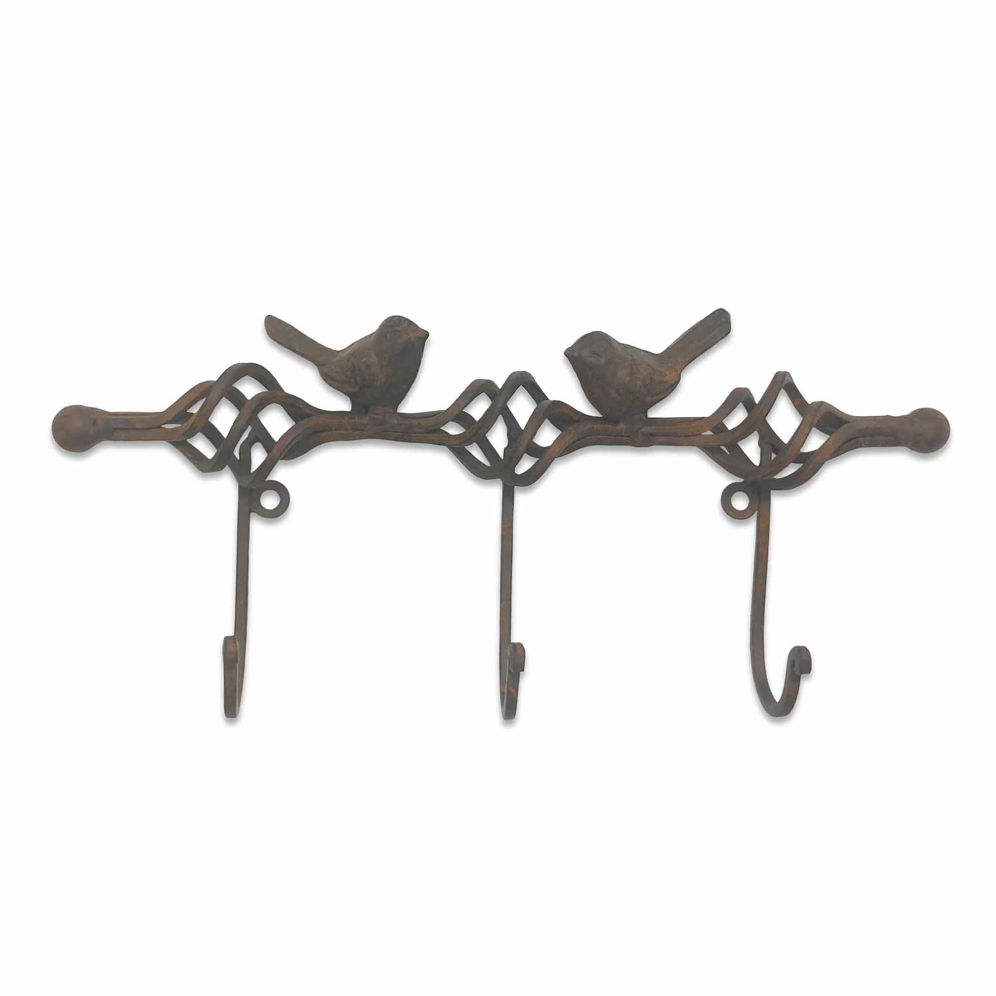 Decorative metal wall hook with bird designs on a white background
